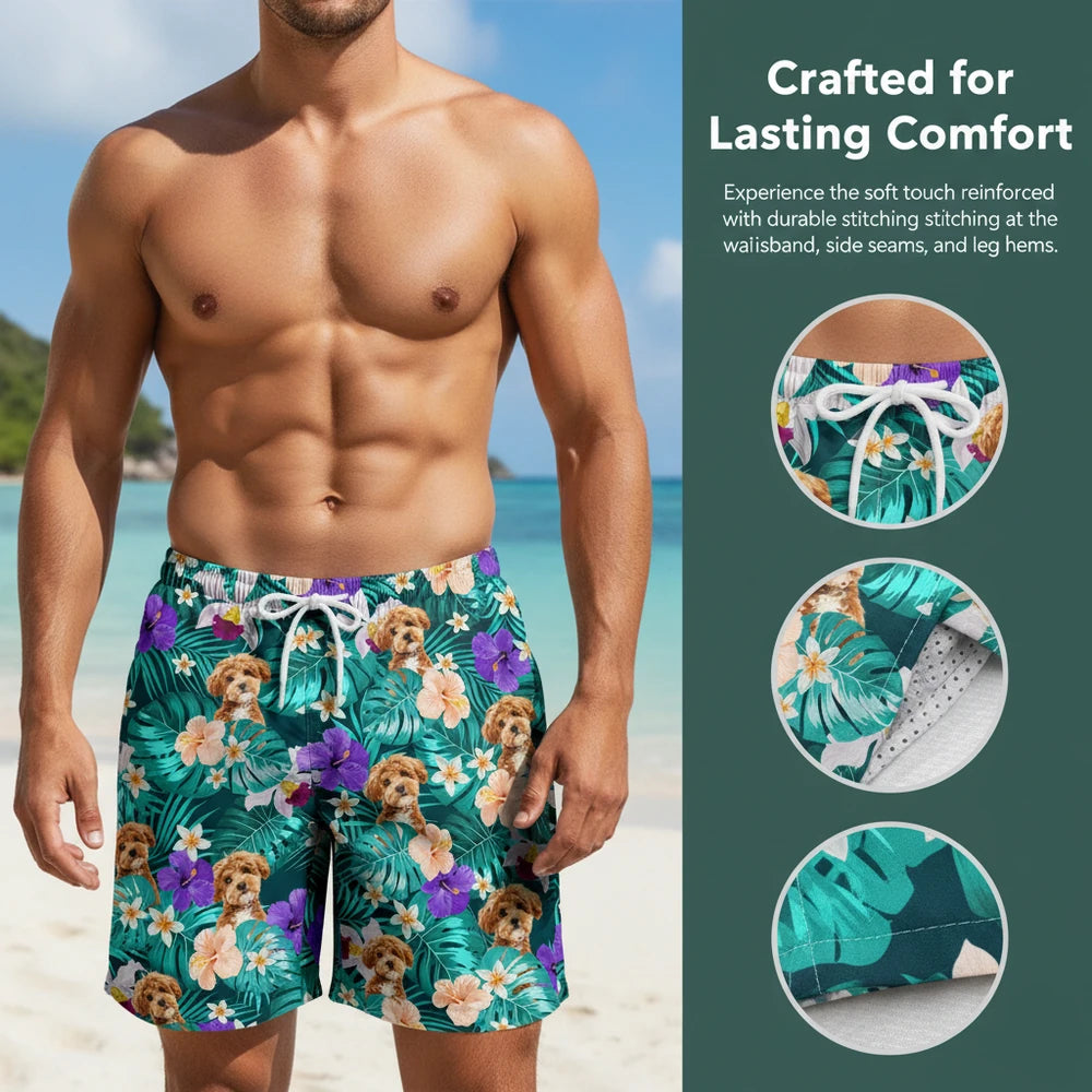 Custom Photo Upload Beach Shorts with Tropical Flowers & Dog Print close-up detail