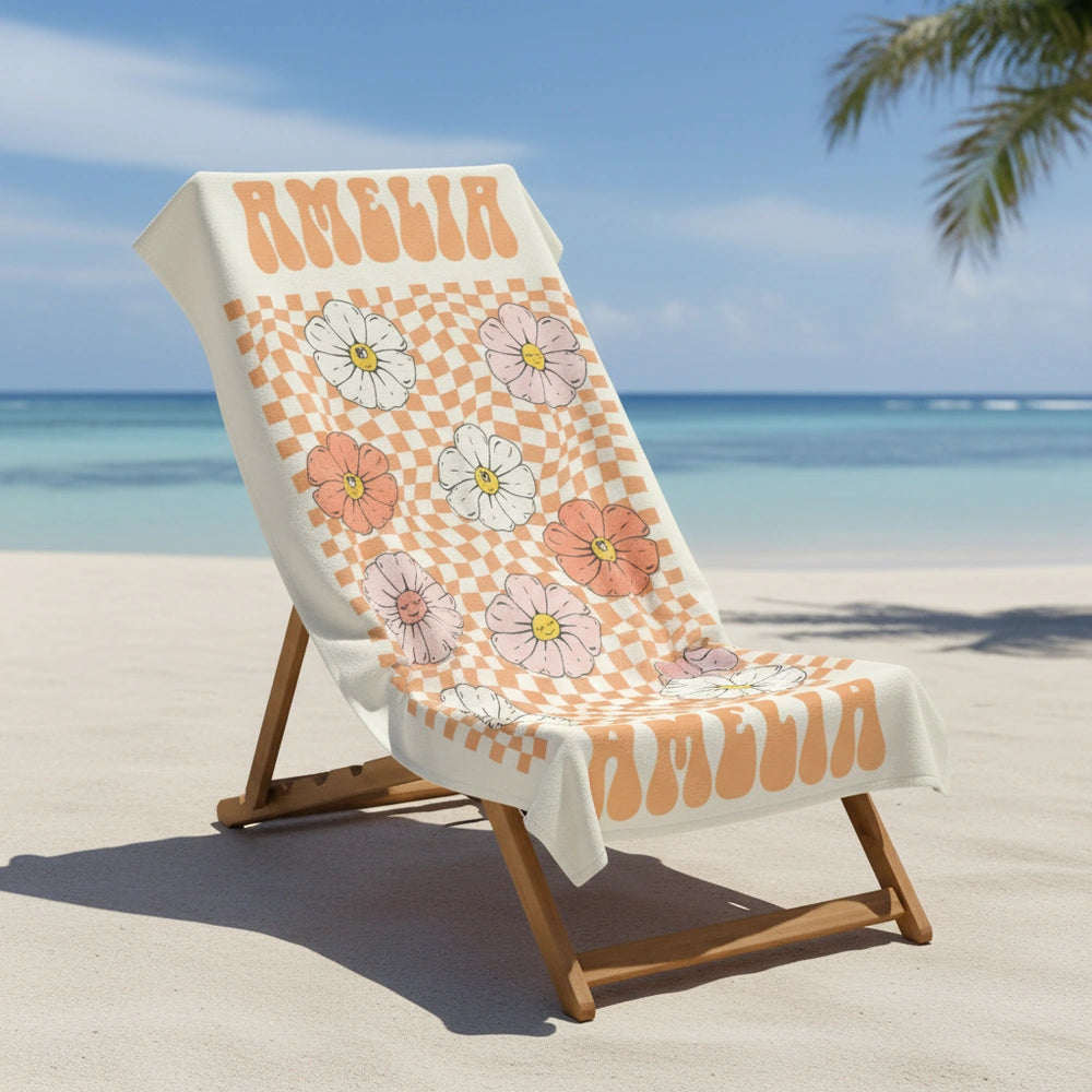 Custom Photo Beach Towel with Retro Daisies and Checkered Pattern close-up detail
