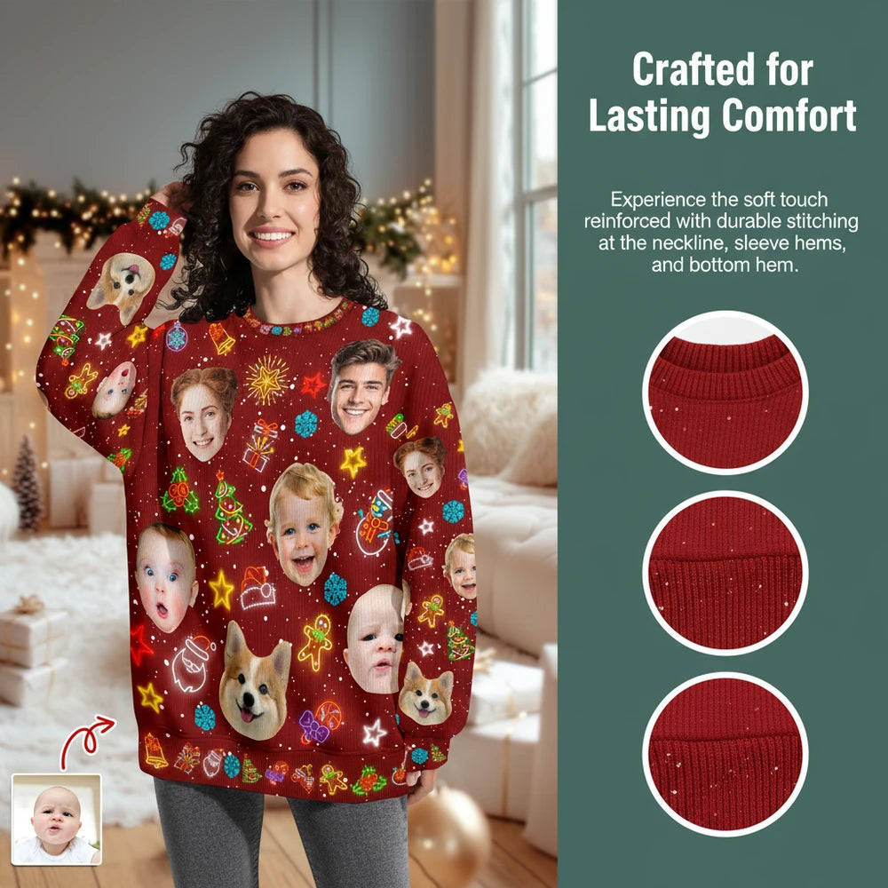 Custom Photo Upload Christmas Sweater with Festive Icons close-up detail
