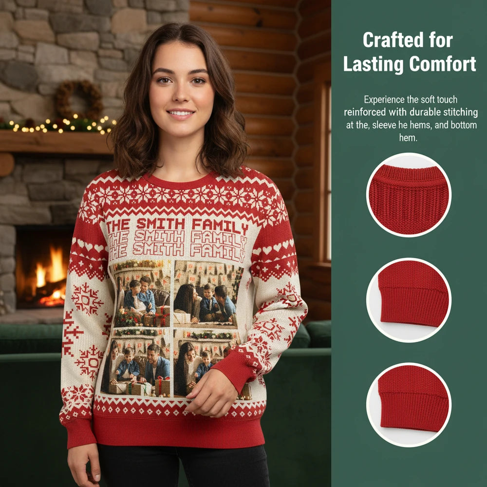 Custom Photo Upload Sweater with Snowflakes & Fair Isle Pattern close-up detail