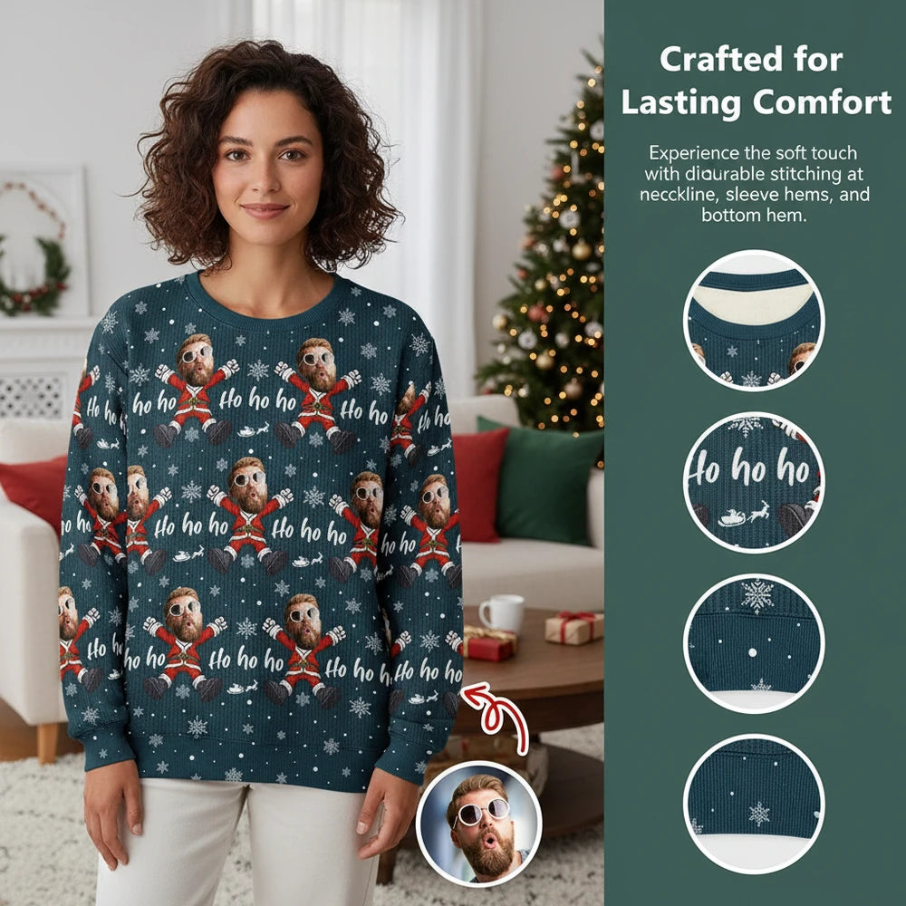 Custom Photo Upload Ho Ho Ho Sweater with Snowflakes & Santa Suit close-up detail