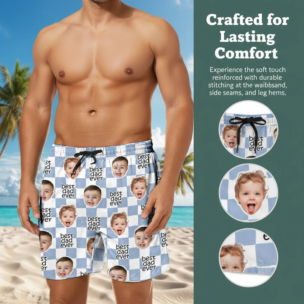 Custom Photo Upload Beach Shorts with Best Dad Ever Checkerboard close-up detail
