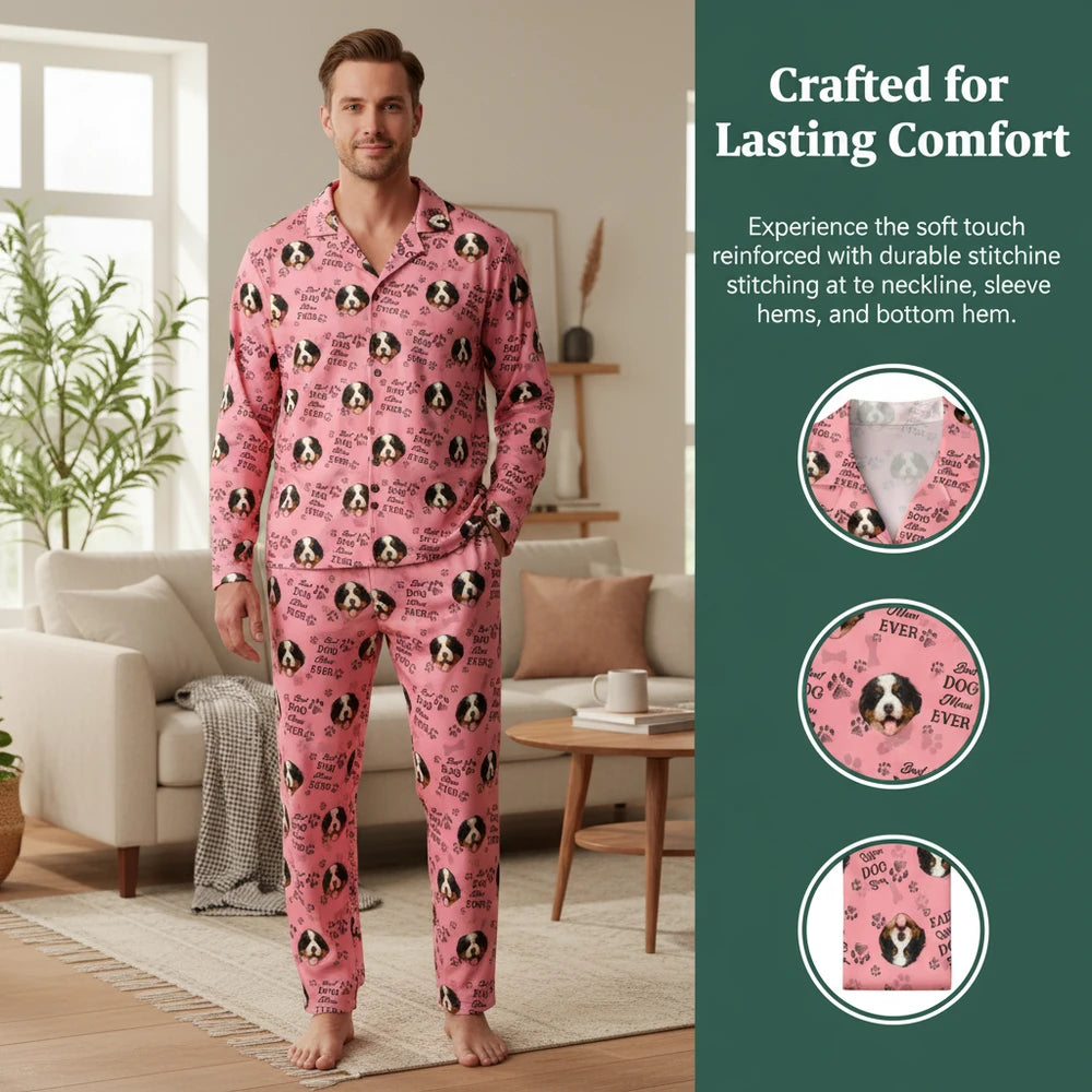 Custom Photo Upload Pajamas Best Dog Mom Ever Pink Paw Print close-up detail