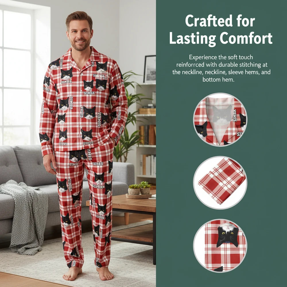 Custom Photo Upload Red Plaid Pajamas with Cat Face Pattern close-up detail