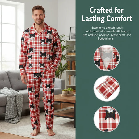 Custom Photo Upload Red Plaid Pajamas with Cat Face Pattern close-up detail