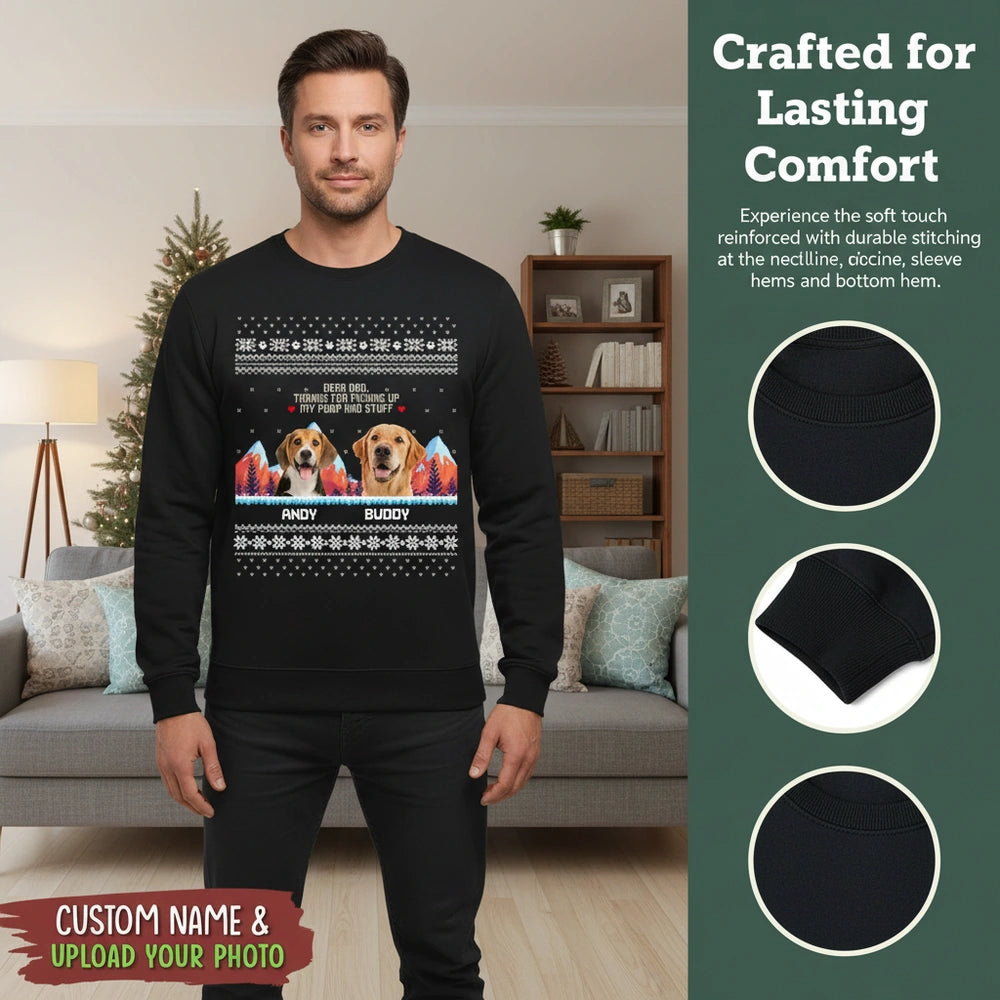 Custom Photo Upload Sweater with Ugly Christmas Design for Dog Lovers close-up detail