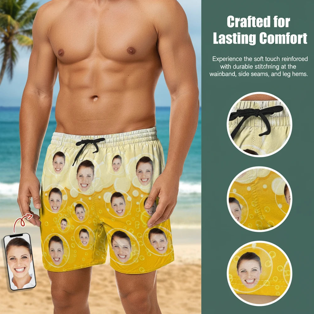 Custom Photo Upload Beach Shorts with Beer Bubble Pattern close-up detail