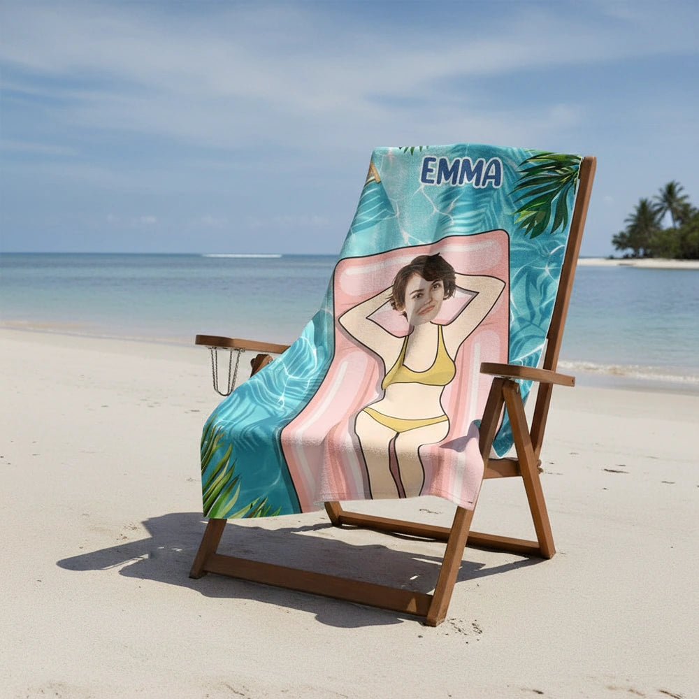 Custom Photo Upload Beach Towel with Tropical Palm Leaves close-up detail