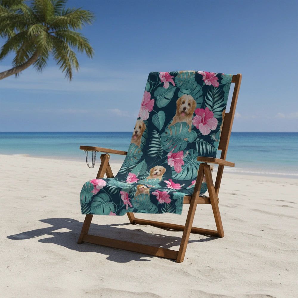 Custom Photo Upload Beach Towel with Tropical Leaves & Hibiscus close-up detail