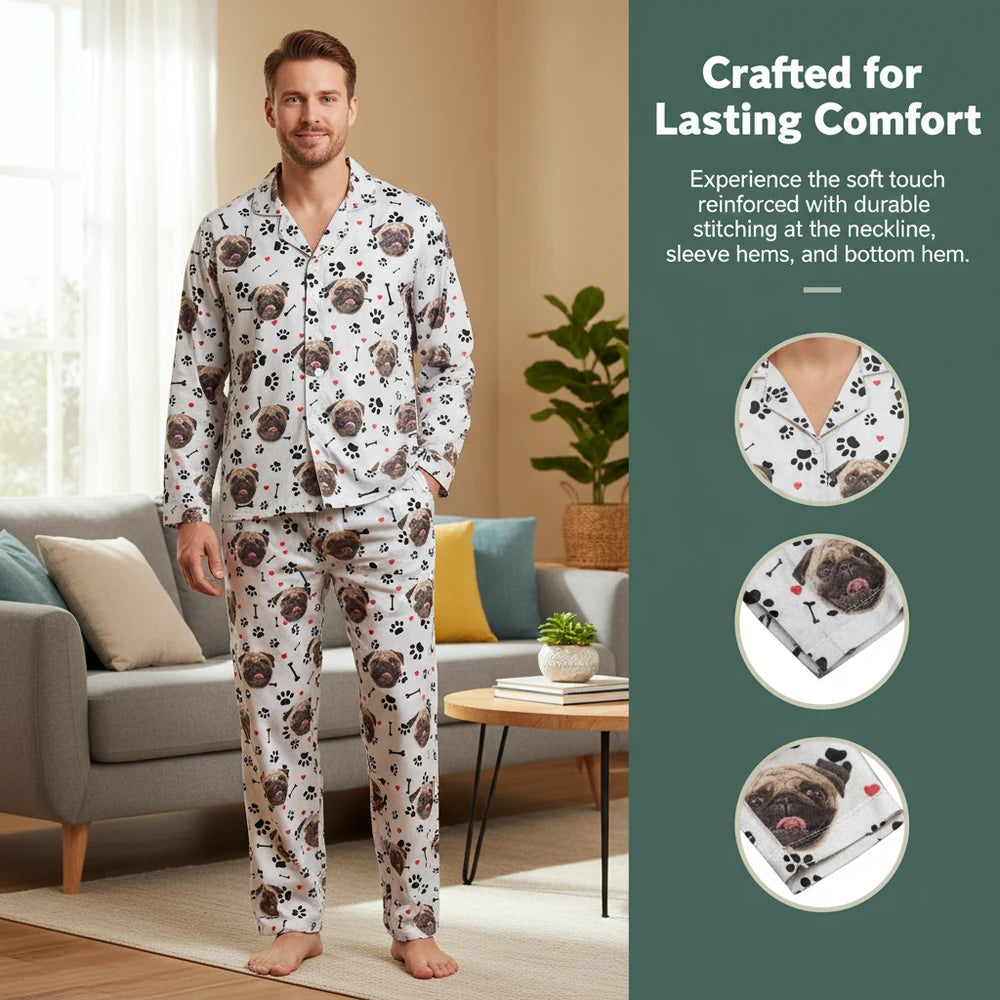 Custom Photo Upload Pajamas with Dog Face Paw Prints & Bones close-up detail
