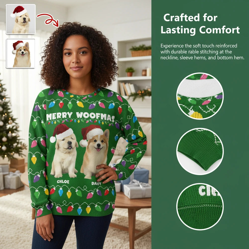 Custom Photo Upload Merry Woofmas Sweater with Christmas Lights close-up detail