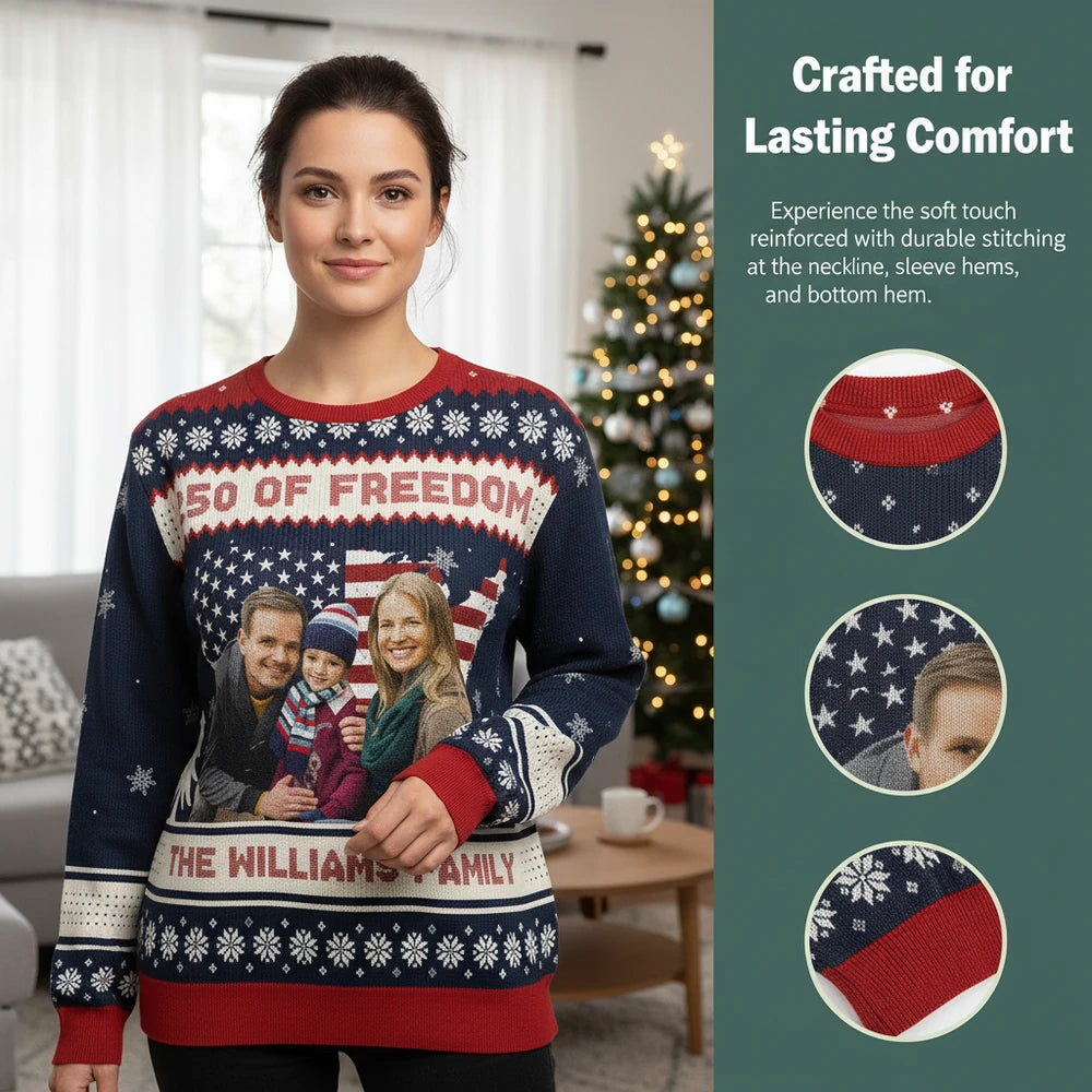 Custom Photo Upload Sweater with 250 OF FREEDOM & American Flag close-up detail