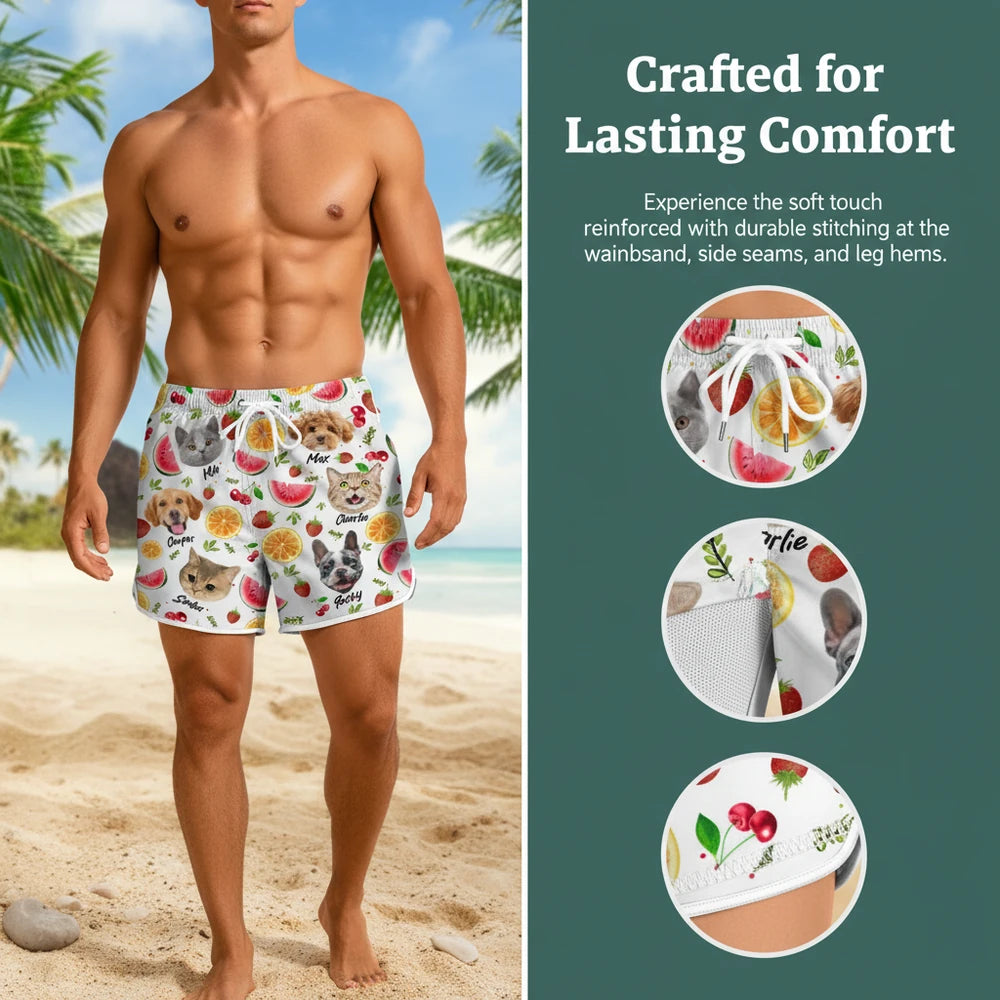 Custom Photo Upload Beach Shorts with Tropical Fruit Pattern close-up detail
