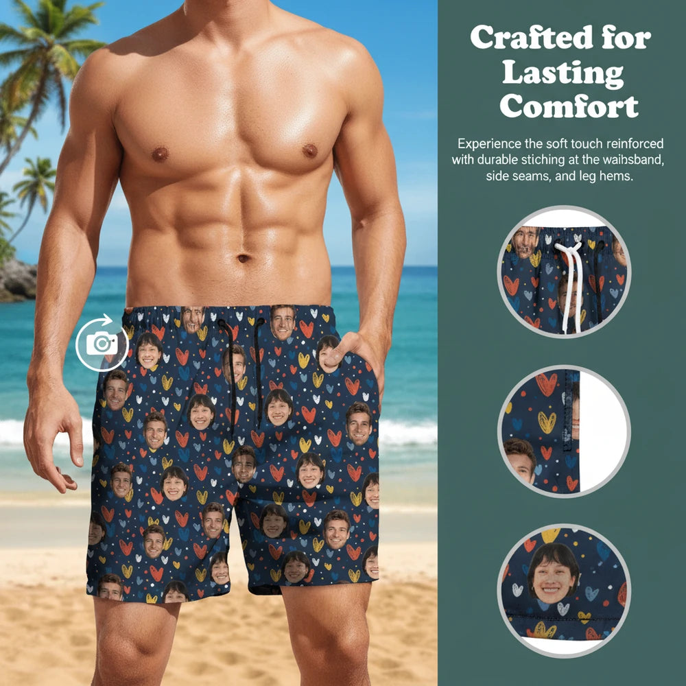 Custom Photo Upload Beach Shorts with Colorful Hearts close-up detail