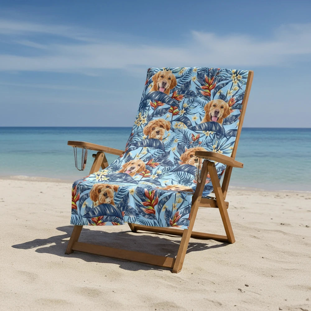 Custom Photo Upload Beach Towel with Tropical Leaves & Flowers close-up detail