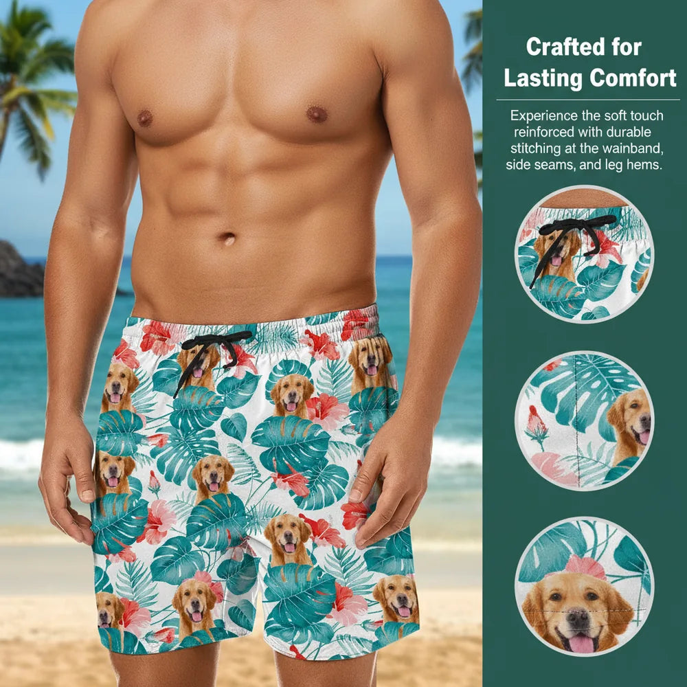 Custom Photo Upload Beach Shorts with Tropical Leaves & Hibiscus close-up detail