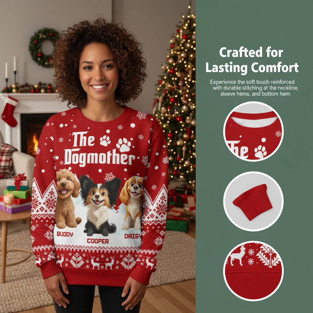 Custom Photo The Dogmother Sweater with Snowflakes & Dogs close-up detail