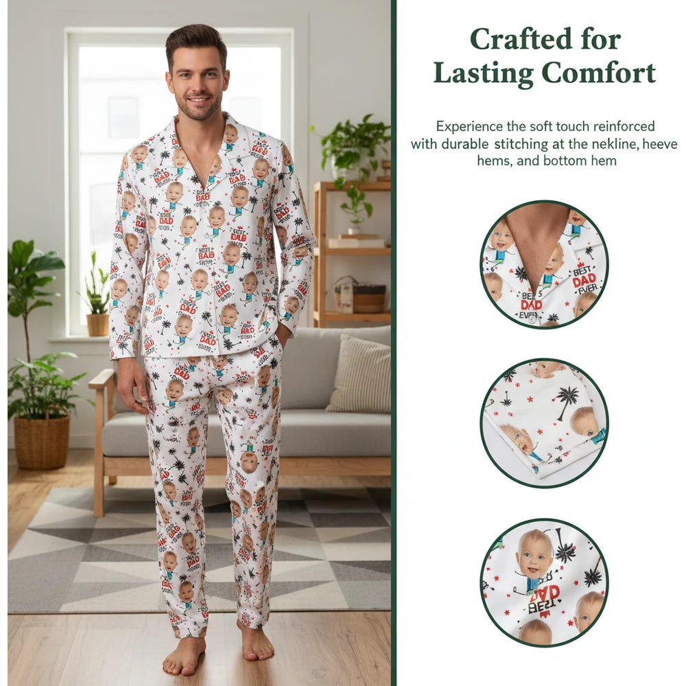 Custom Photo Upload Pajamas with Best Dad Ever Text & Palm Trees close-up detail