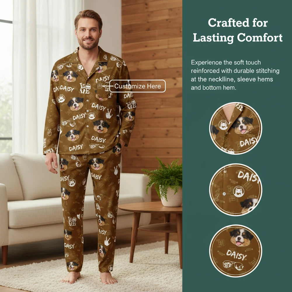 Custom Photo Upload Pajamas with Dog Faces and Jeep Icons close-up detail