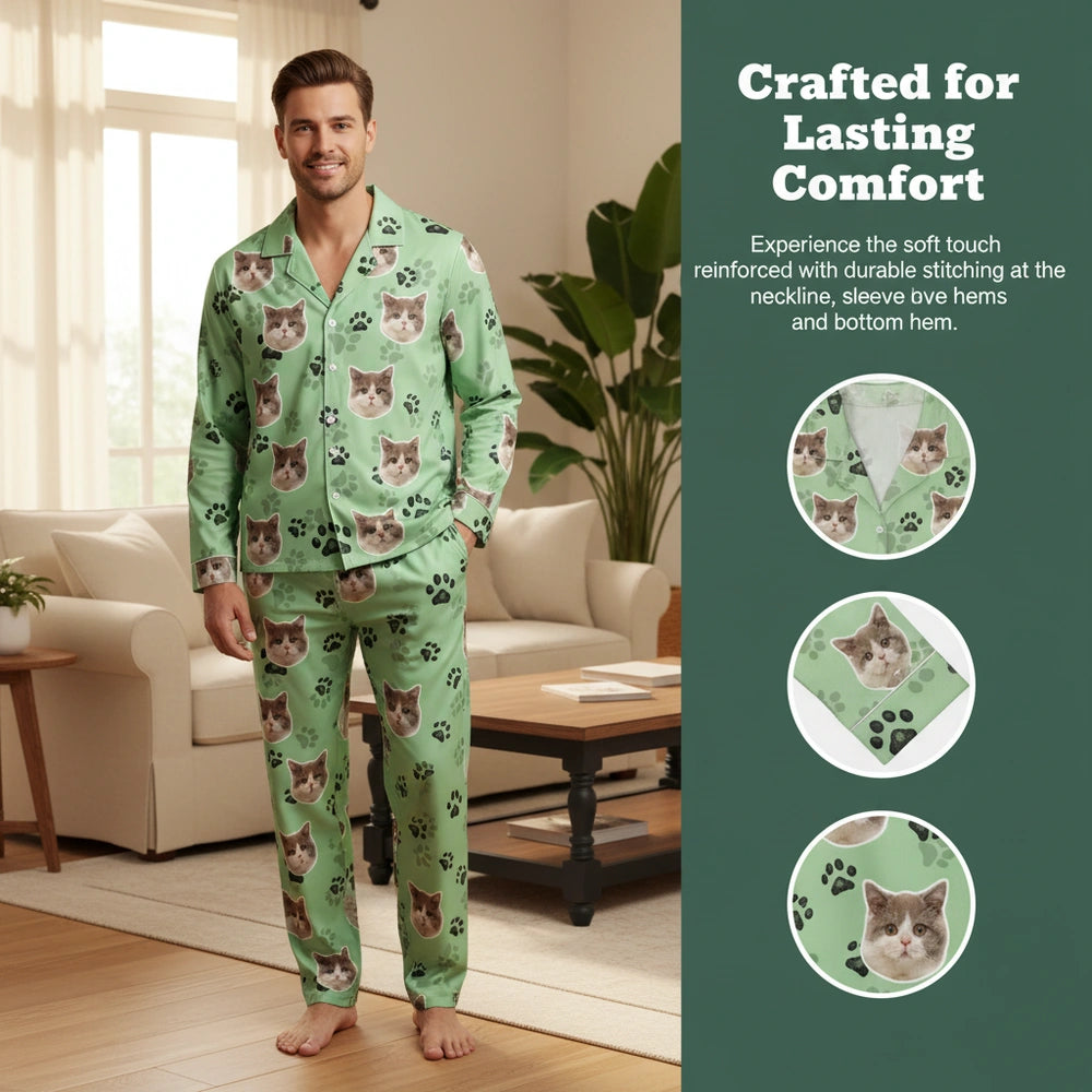 Custom Photo Upload Pajamas with Cat Faces and Paw Prints close-up detail