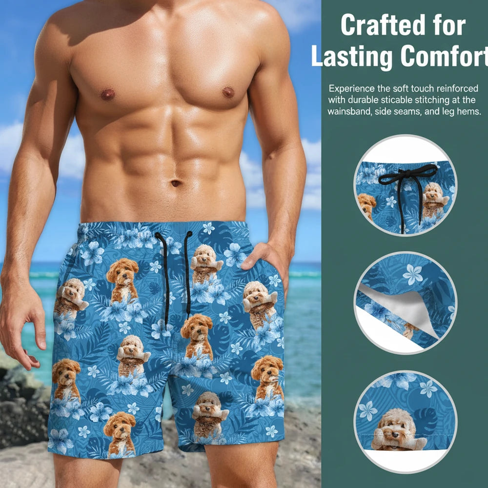 Custom Photo Upload Beach Shorts with Tropical Flowers & Palm Leaves close-up detail