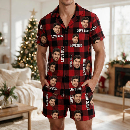 Custom Photo Upload Pajama Set with Buffalo Plaid & Love Bug Text NCKBE