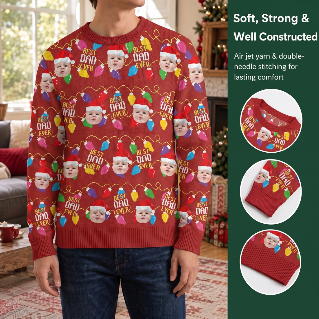 Custom Photo Upload Sweater with Best Dad Ever & Christmas Lights NCW46