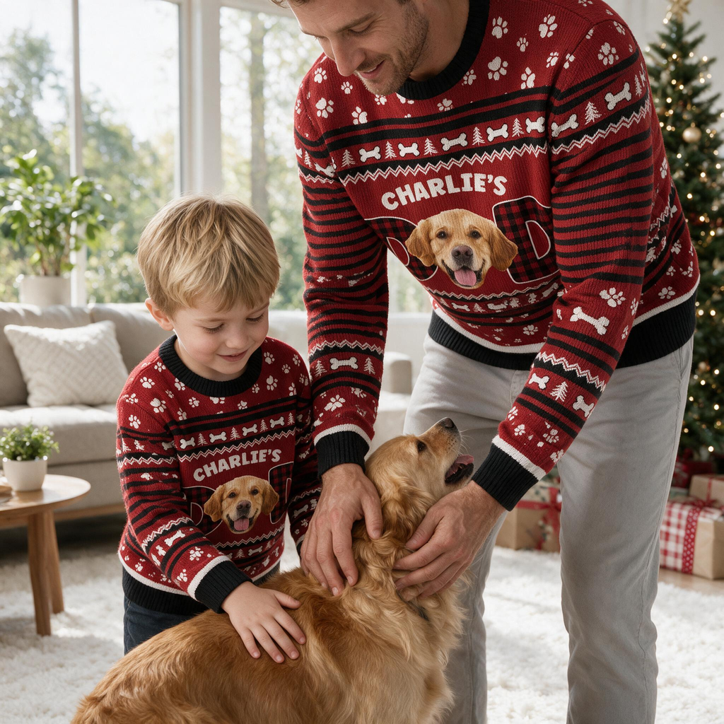 Custom Photo Upload Dog Dad Sweater with Paw Prints & Buffalo Plaid QC624