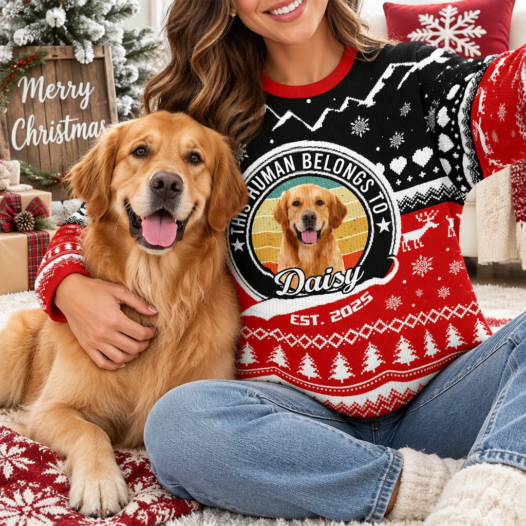 Custom Photo Upload This Human Belongs To Ugly Christmas Sweater 7W29T