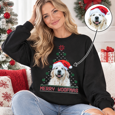 Custom Photo Upload Sweatshirt with Merry Woofmas Ugly Sweater Design 4QXLY