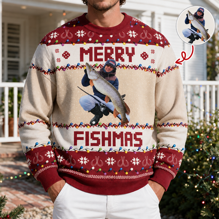 Custom Photo Merry Fishmas Gift For Fishing Lovers Ugly Sweater I694L