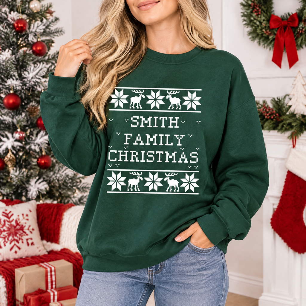 Custom Personalized Christmas Sweatshirt with Snowflakes & Reindeer E77E5