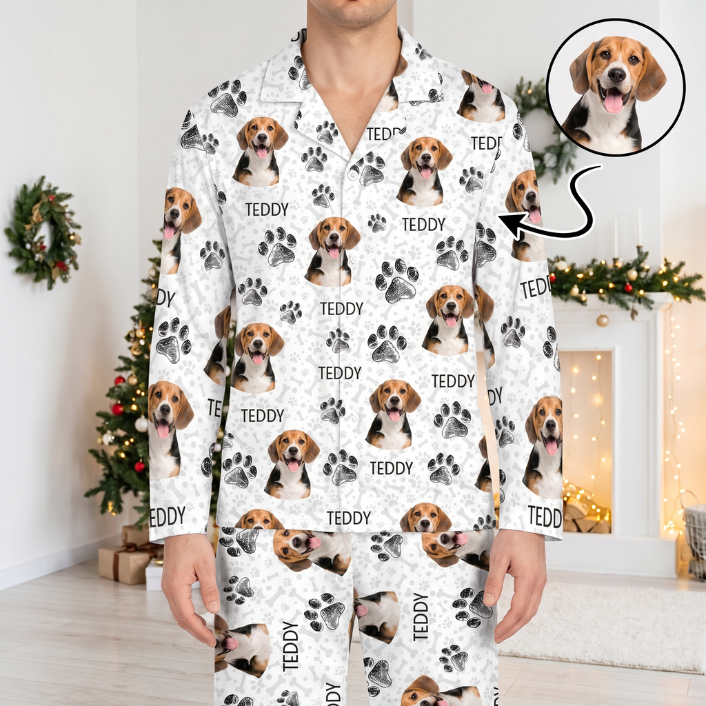 Custom Photo Upload Pajamas with Cat Portraits and Paw Prints 9JSU8