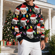Custom Photo Upload Sweater with Cats in Santa Hats & Christmas Lights TT0TQ
