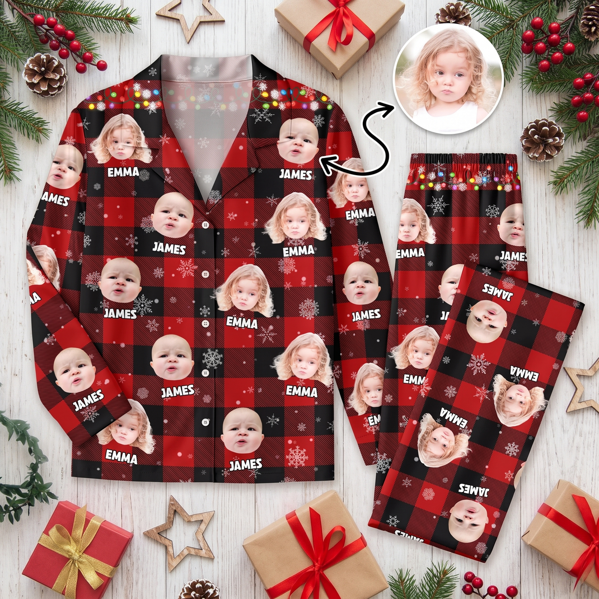 Custom Photo Upload Pajamas with Buffalo Plaid and Snowflakes T8D5Y