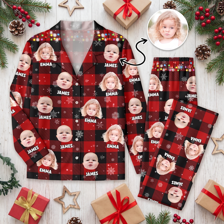 Custom Photo Upload Pajamas with Buffalo Plaid and Snowflakes T8D5Y