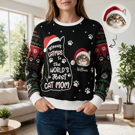 Custom Photo Upload Meowy Catmas World's Best Cat Mom Sweater 96YQ3