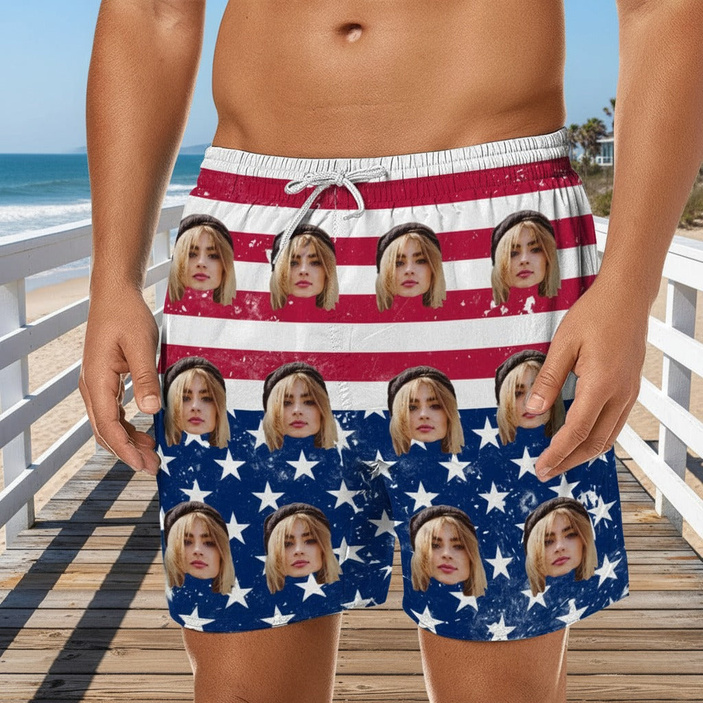 Custom Face Photo America Flag Beach Short AXSWT