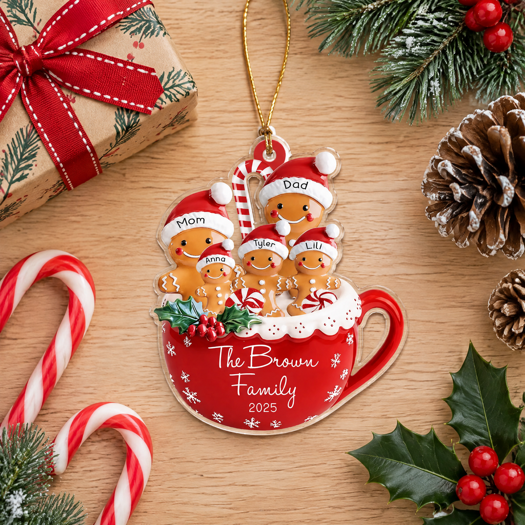 Custom Personalized Acrylic Ornament with Gingerbread Family in Mug Q7WGZ