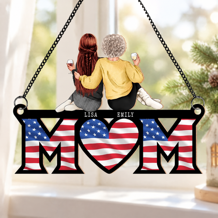 Custom Personalized Suncatcher Ornament with MOM & American Flag Heart P3JJV