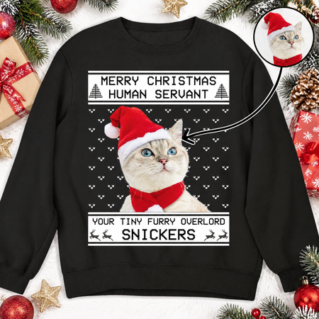 Custom Photo Upload Sweatshirt with Cat in Santa Hat Ugly Christmas OAUUQ