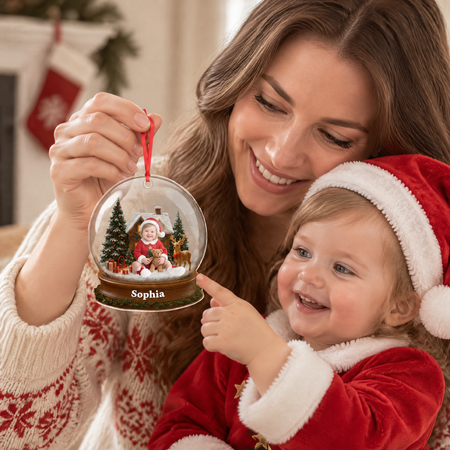 Custom Photo Upload Acrylic Ornament with Snow Globe Christmas Scene JB58Y