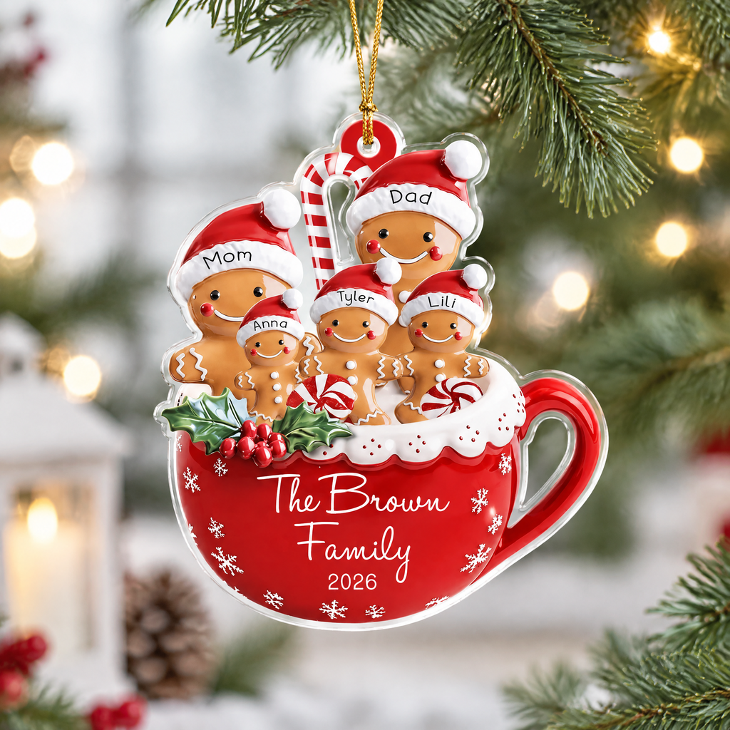 Custom Personalized Acrylic Ornament with Gingerbread Family in Mug Q7WGZ