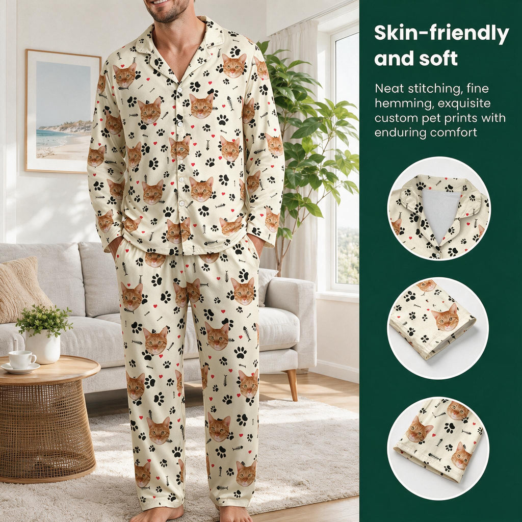 Custom Photo Upload Pajamas with Cat Faces and Paw Prints 3942X