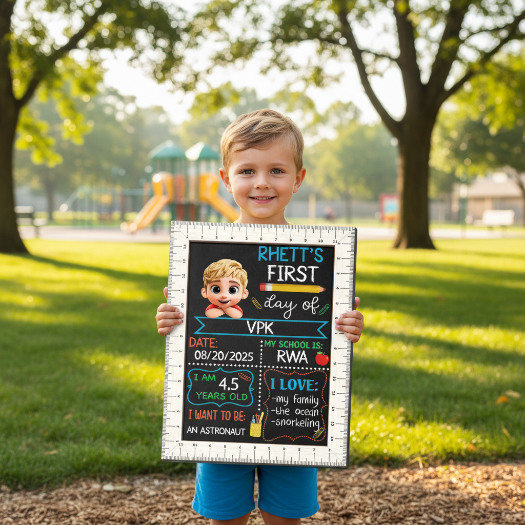 Kid Resting On Arms First Day Of School - Personalized School Sign 1CQRH