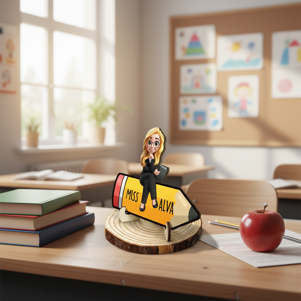 Teacher Sitting On The Pencil - Personalized 2-Layered Wooden Plaque With Stand 4I986