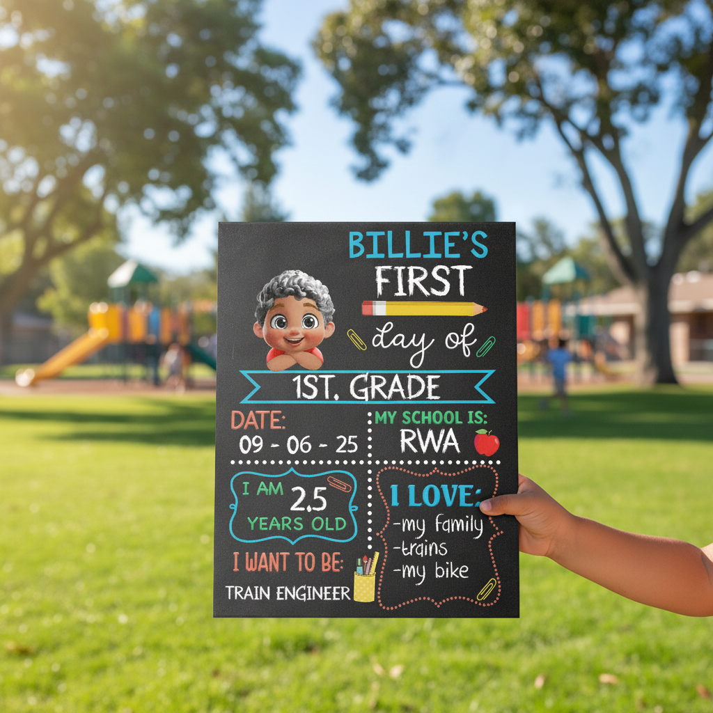 Kid Resting On Arms First Day Of School - Personalized School Sign 1CQRH