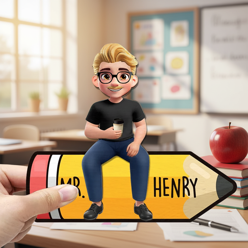 Teacher Sitting On The Pencil - Personalized 2-Layered Wooden Plaque With Stand 4I986