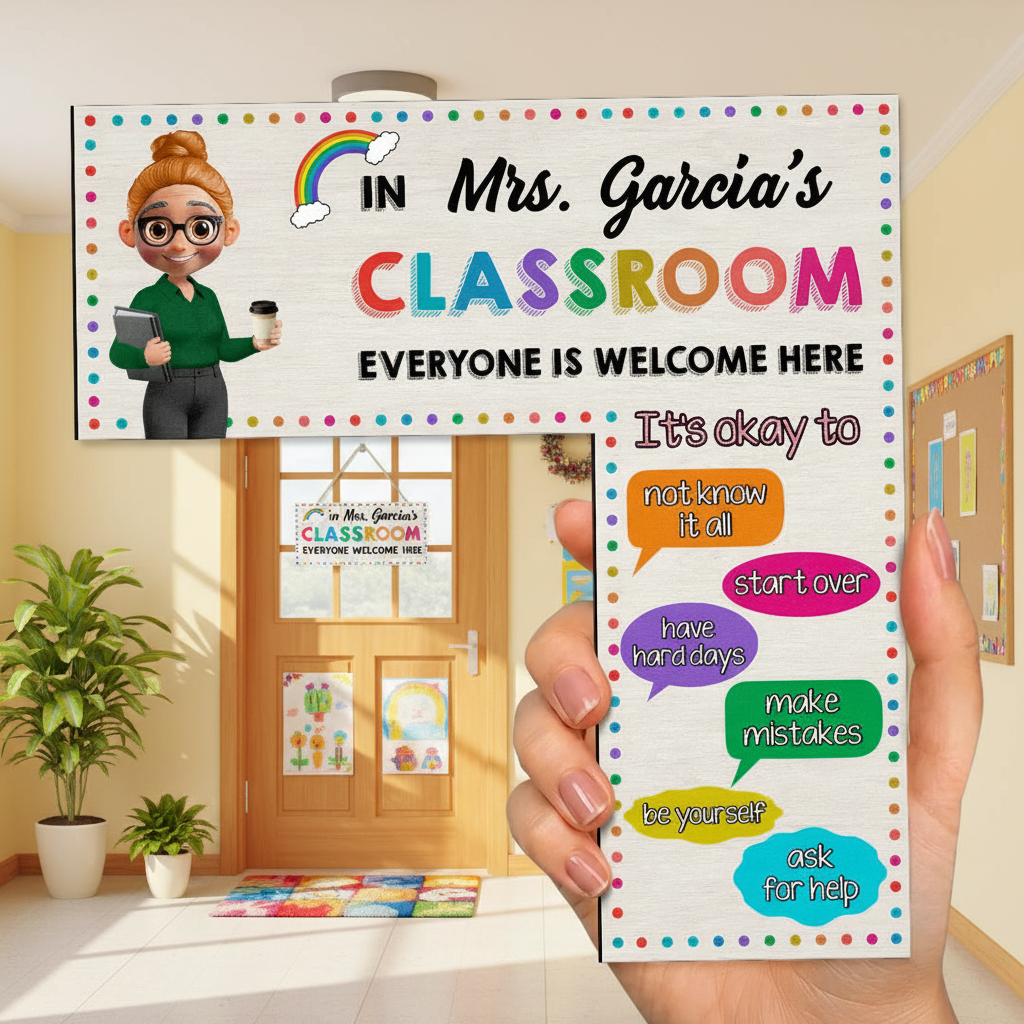 It's Okay In This Classroom Affirmations Teacher - Personalized Door Corner Wood Sign L18V5