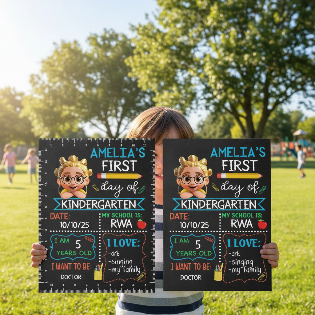 Kid Resting On Arms First Day Of School - Personalized School Sign 1CQRH